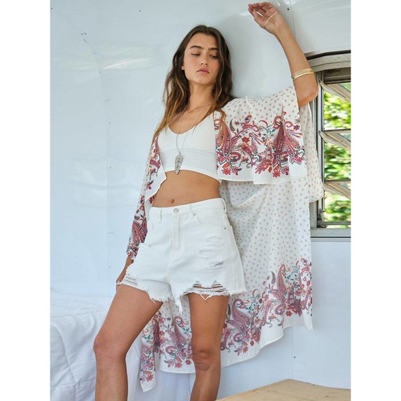 Ivory 3/4 Sleeve Multi Print Duster Cardigan - Picture 2 of 4